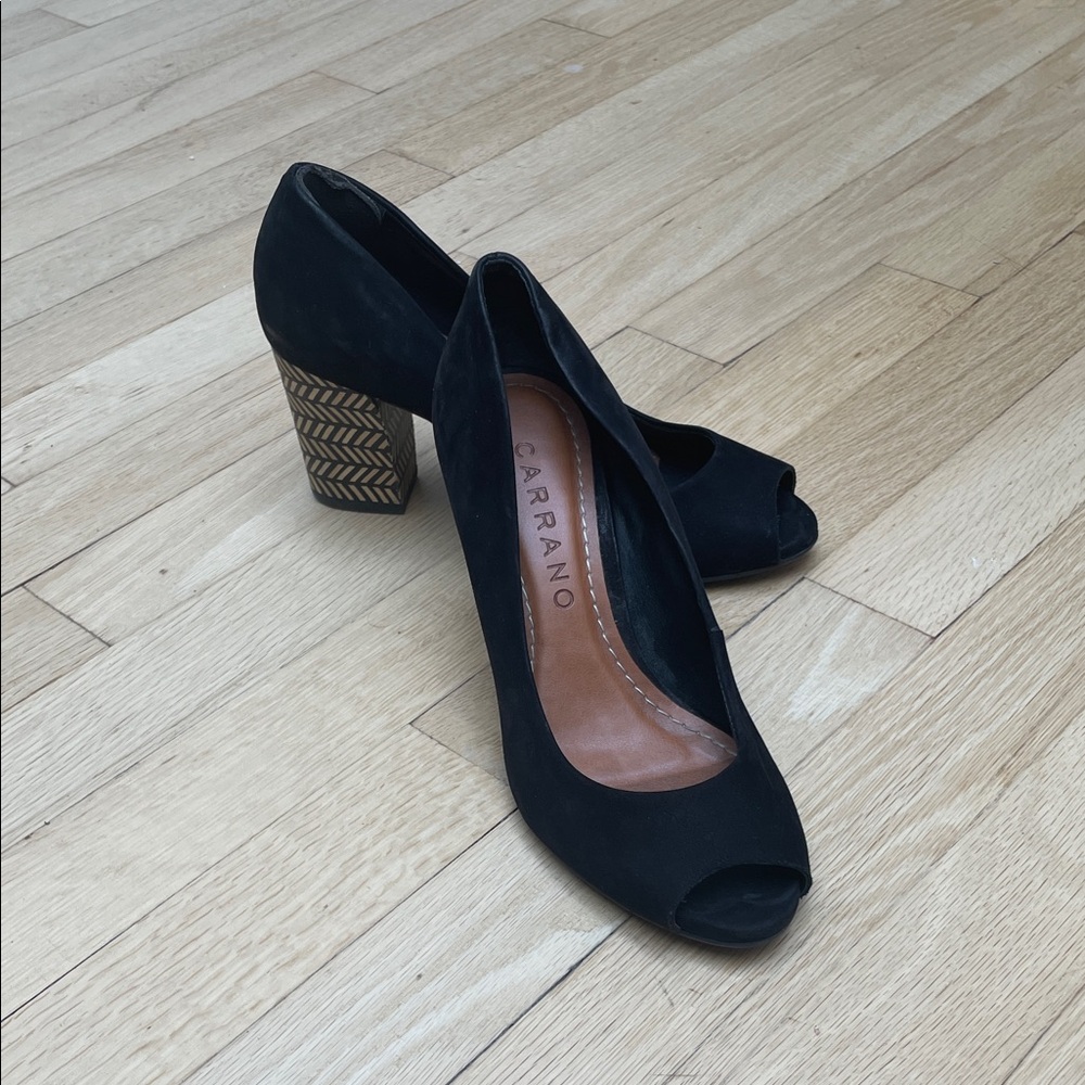 Carrano Black Suede Peep Toe Heels